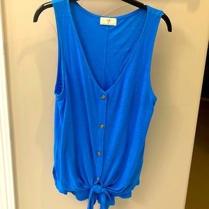 Blue sleeveless top. Button up, tie front